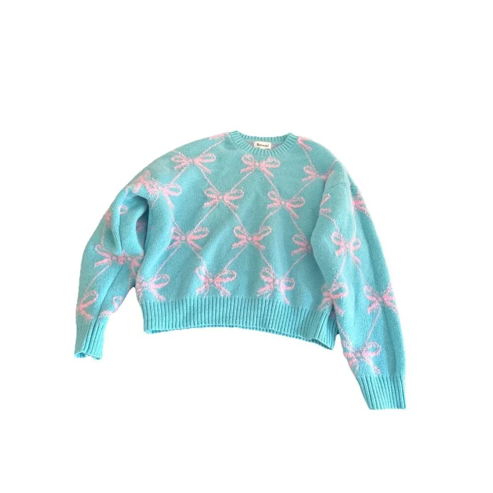 &merci Diamond Ribbon Bow Pattern Knit Sweater in Teal Pink Large - Picture 2 of 4